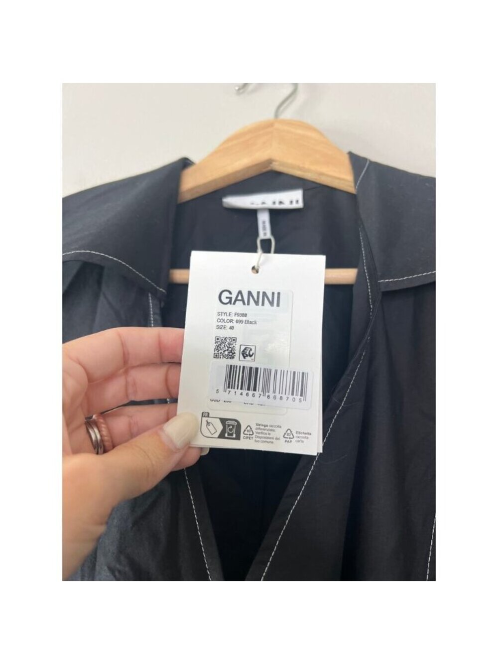 NWT GANNI Cotton Poplin Wrap V Neckline Short Sleeves Mini Dress Black Size: 8 - Picture 5 of 7